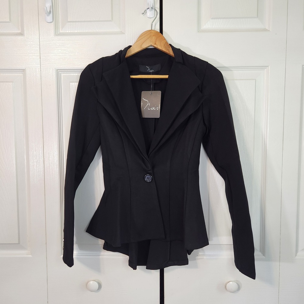 Noir Black Double Notch Lapel Blazer XS Silver Crest Buttons High Low Jacket New